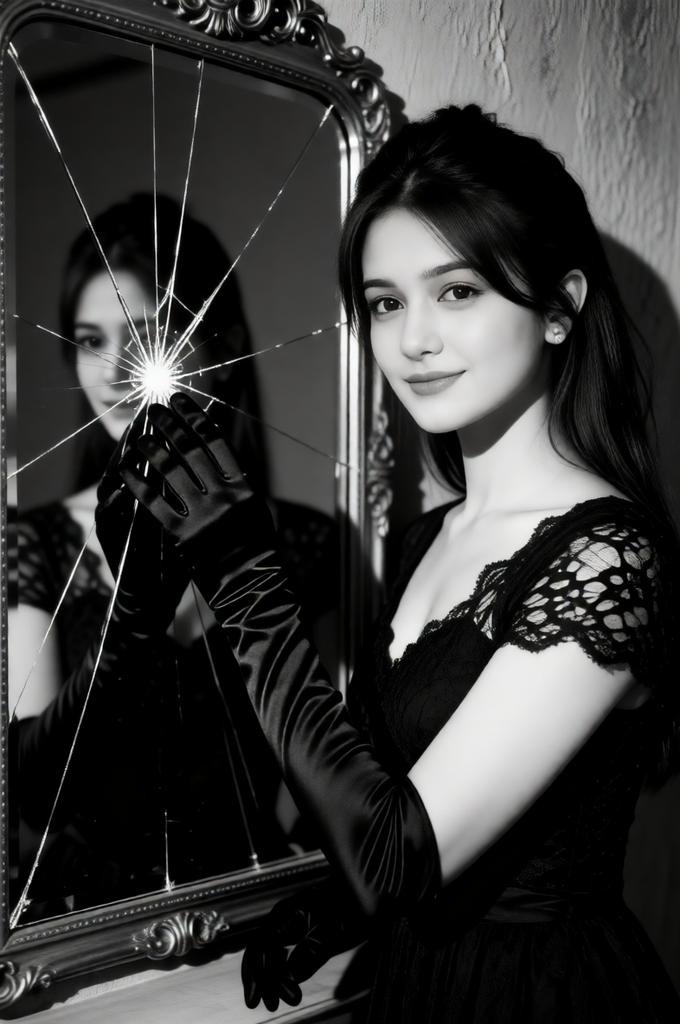 women looking into a cracked vintage mirror & touching it. 