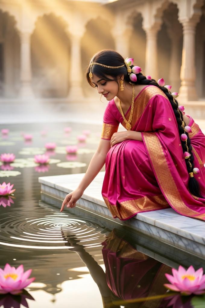 A woman in a pink saree by the lotus pond, touching water.