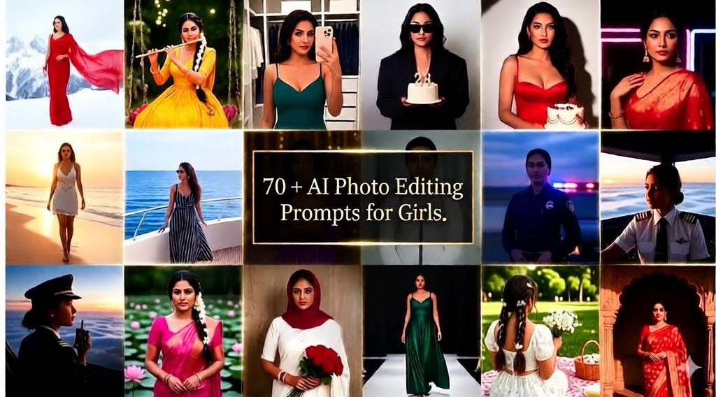 Cinematic 18-portrait AI collage banner with "70 + AI Photo Editing Prompts for Girls" text.