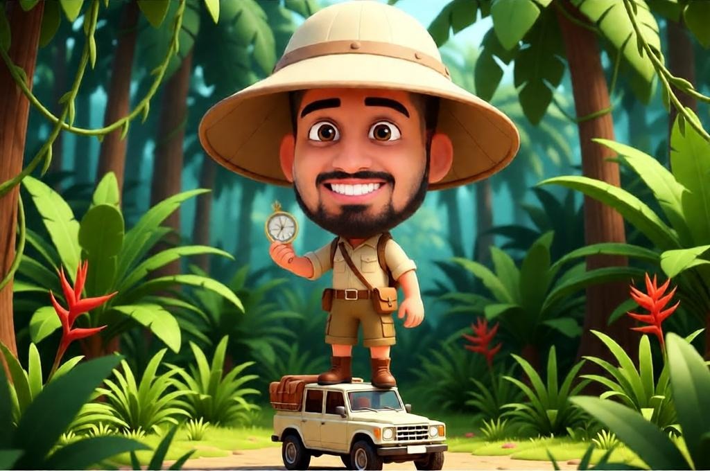 A male jungle explorer with a big head standing on a tiny safari jeep.