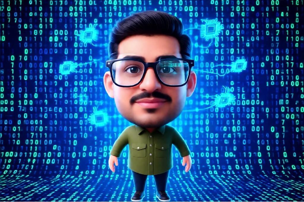 Male tech expert floating with glowing circuits and oversized glasses.