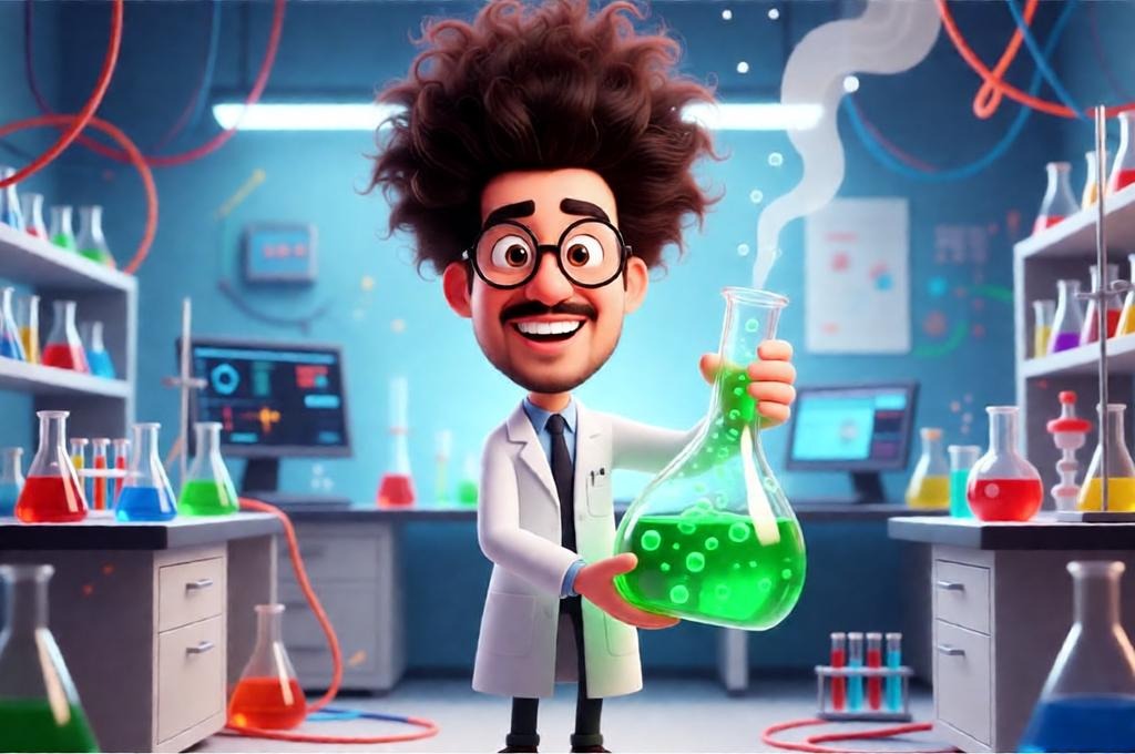 A male mad scientist with a big head holding a large bubbling test tube.
