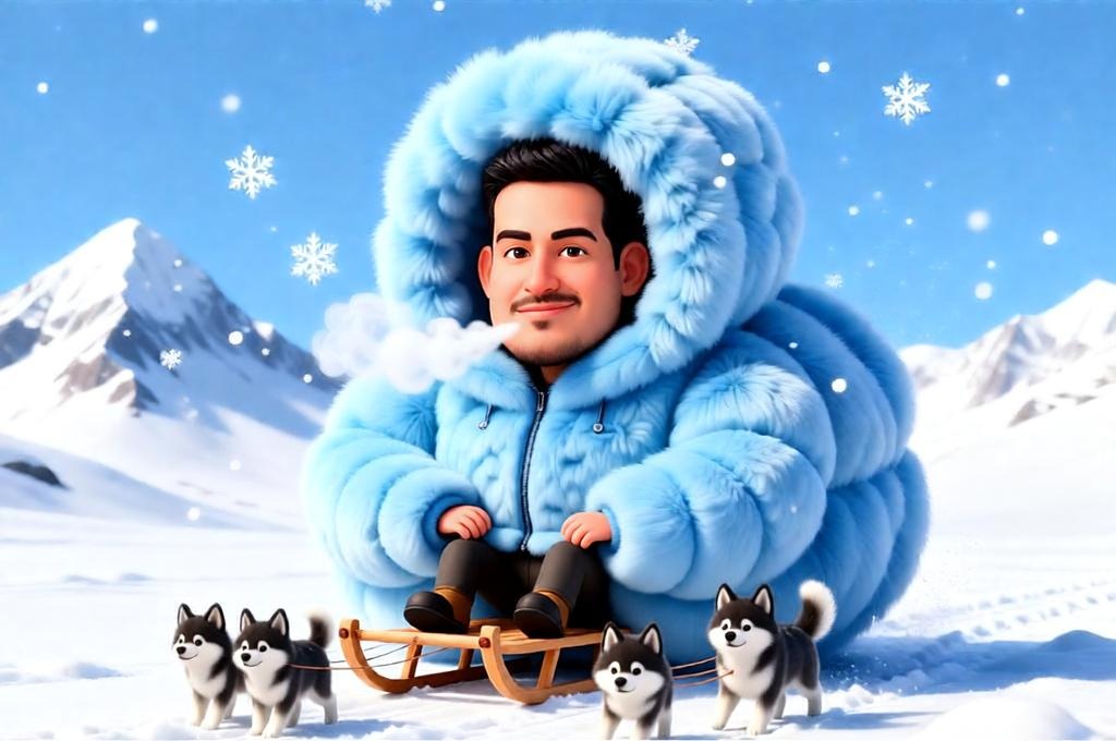 A male arctic explorer in an oversized parka riding a tiny sled.