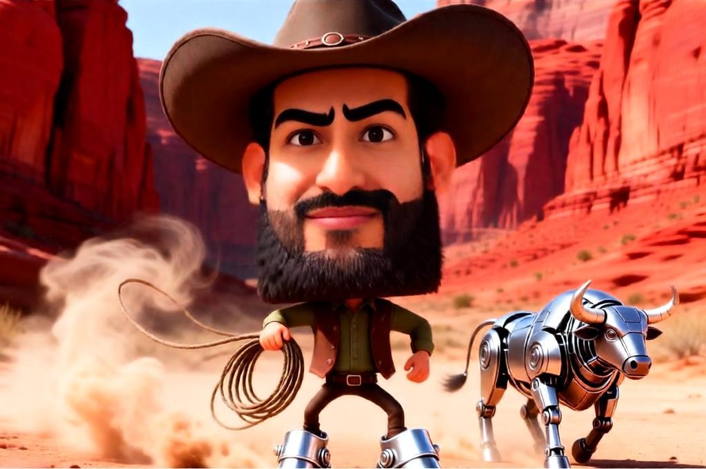 A male cowboy with a huge hat is lassoing a tiny robotic bull.