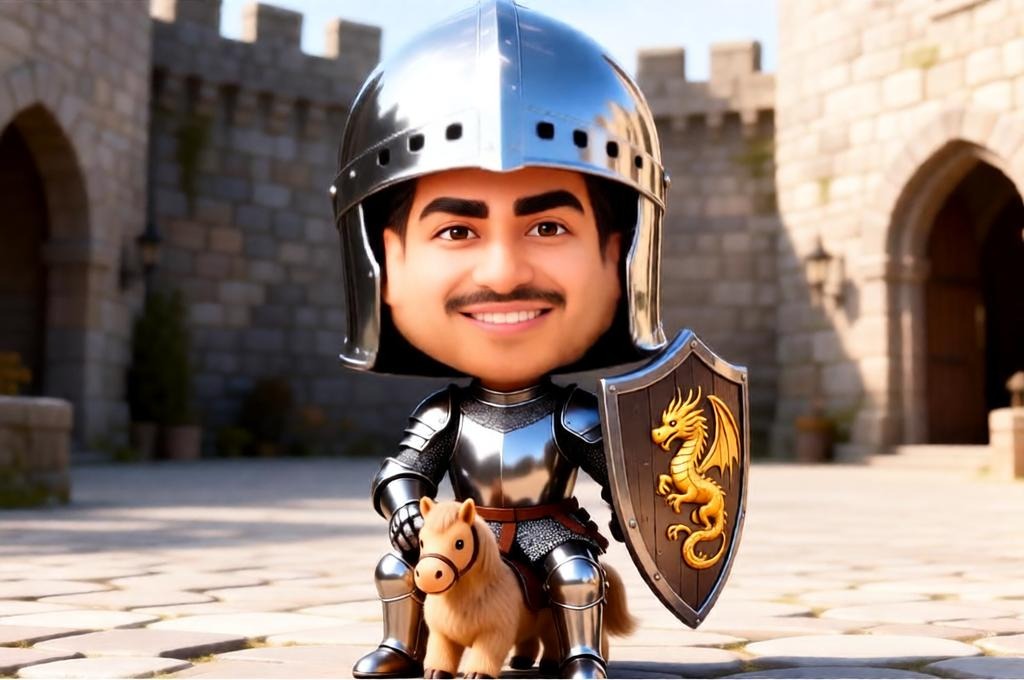A male knight with a giant helmet riding a small pony in a castle.
