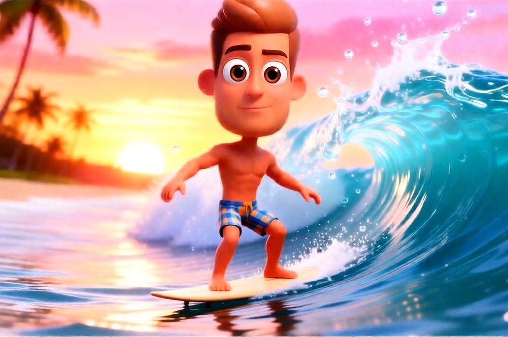 A male surfer is balancing on a tiny board over a massive wave.