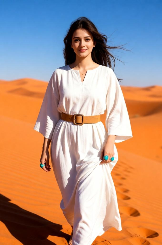 A woman walking in sand dunes wearing a flowing white dress.