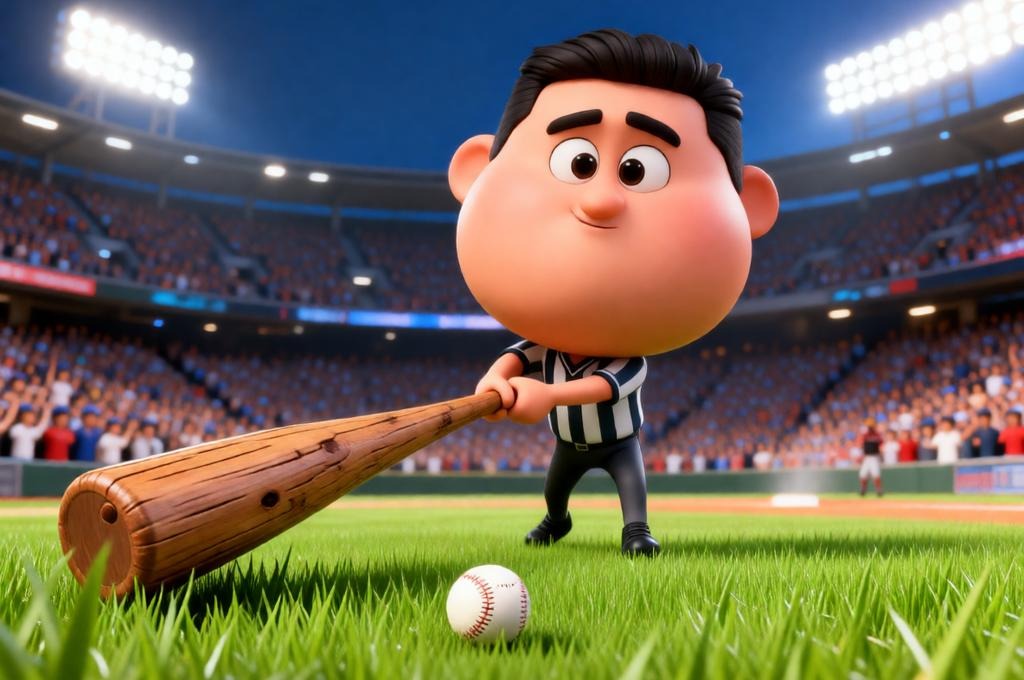 A male athlete swinging a huge bat in a stadium scene.