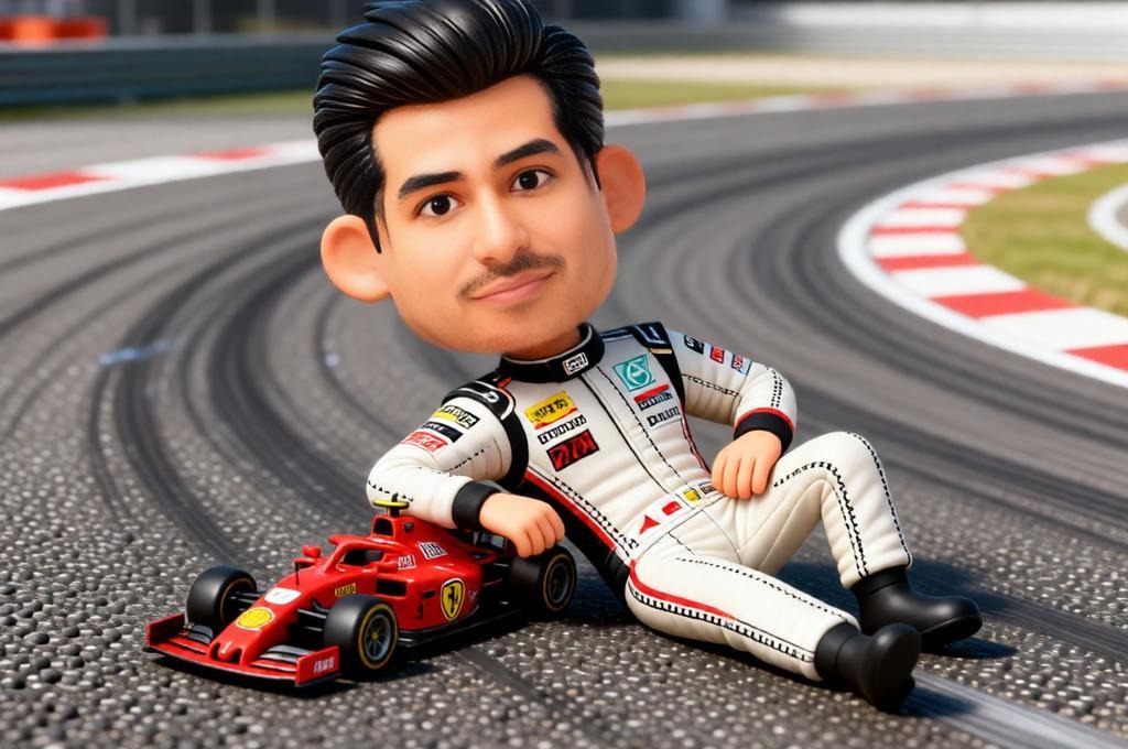 Male racer leaning on tiny sports car on racetrack.