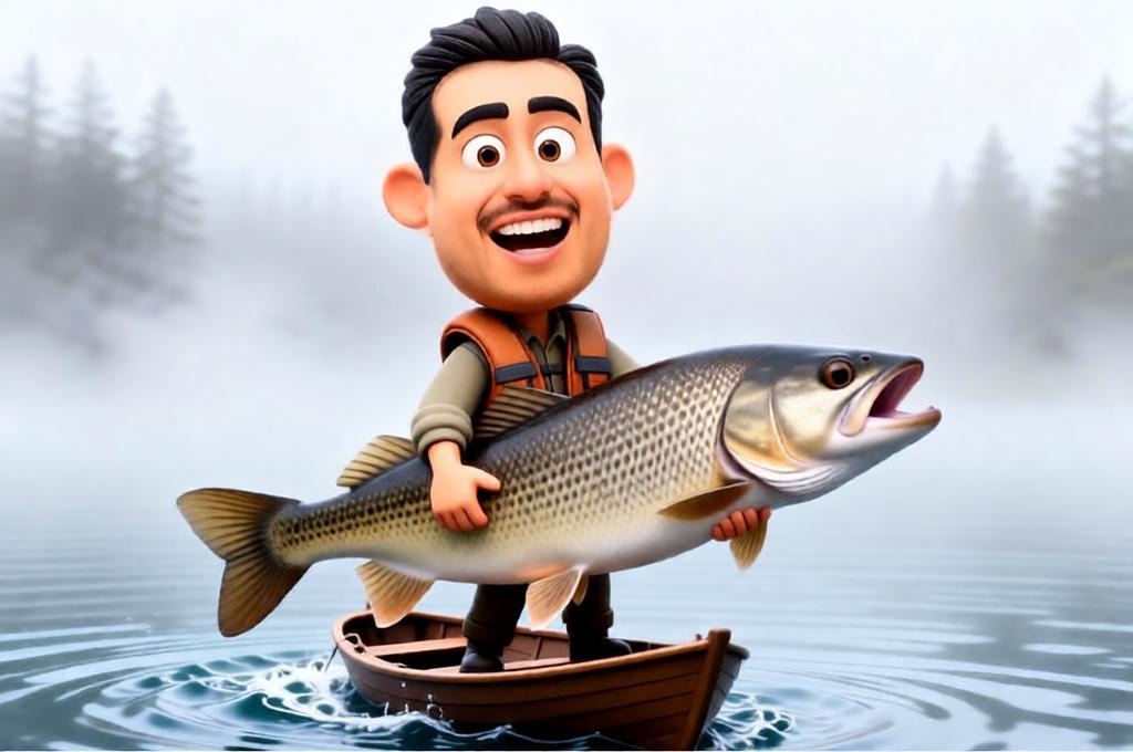 Male fisherman holding oversized fish on a tiny boat.