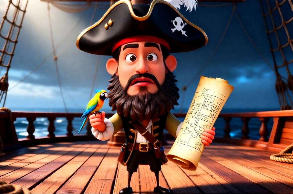 Male pirate with a large head holding a map on the ship deck.