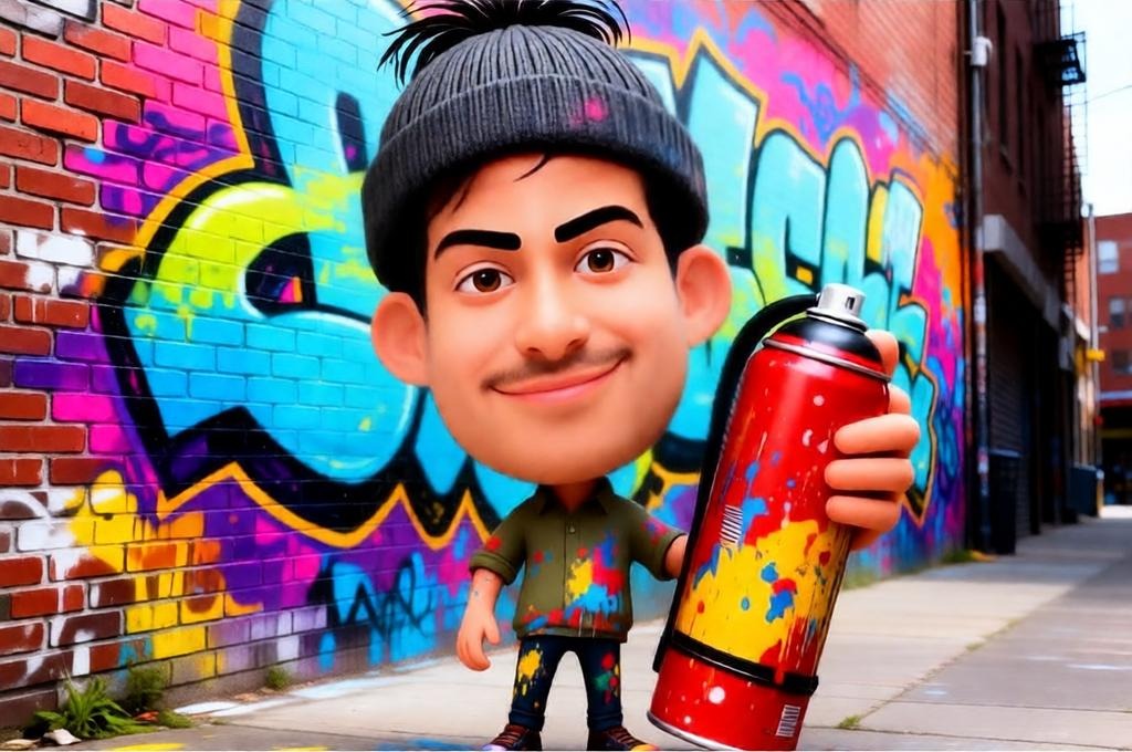 A male street artist is spraying graffiti in an urban alley.