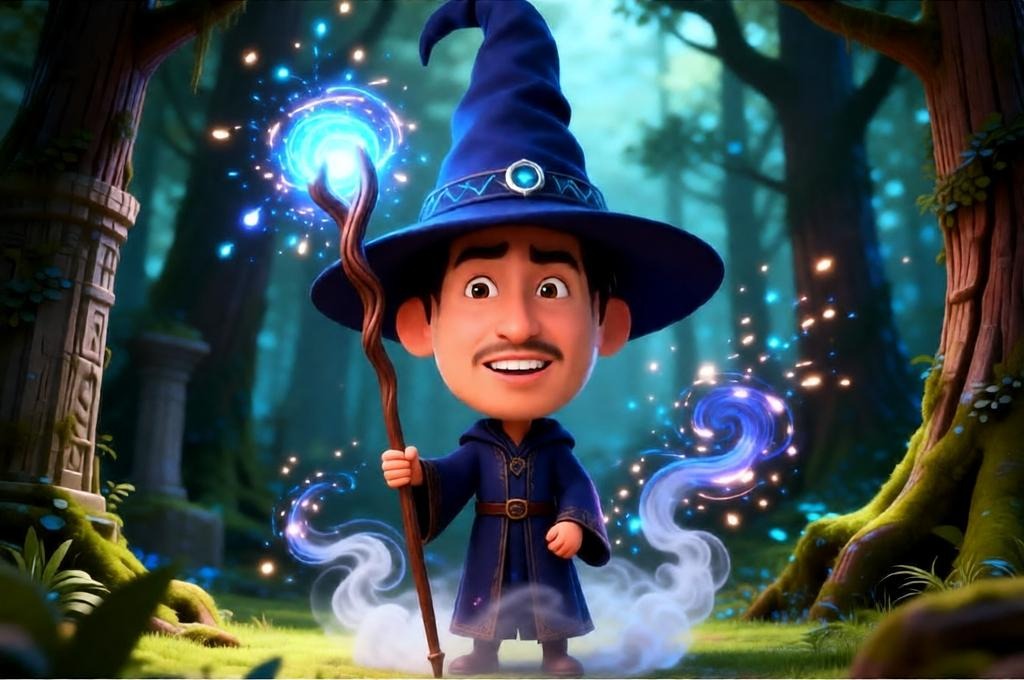 Male wizard with glowing staff in an enchanted forest.