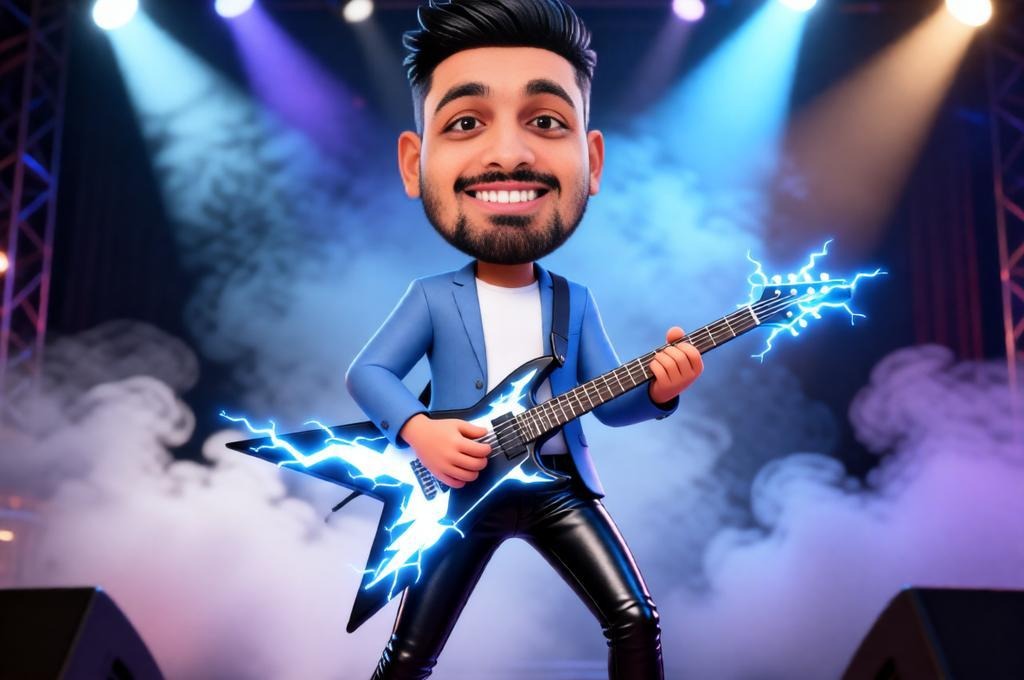 Male rock star playing electric guitar on stage.