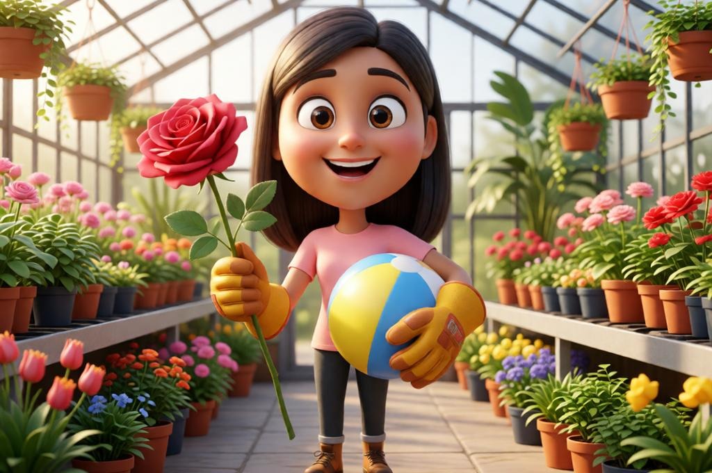 Female florist holding a giant rose in a greenhouse.