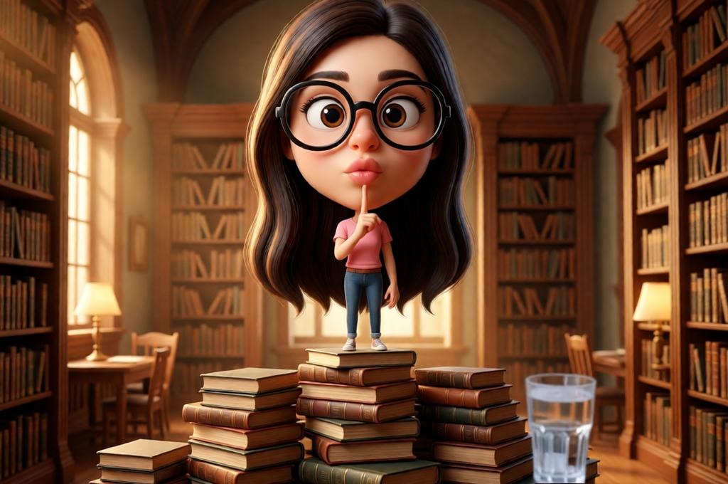 Female librarian with big glasses sitting on books.