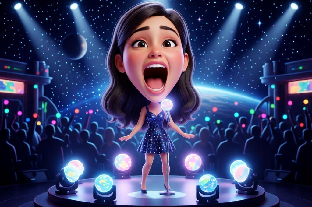 Female pop star singing on a tiny stage in a space theme.
