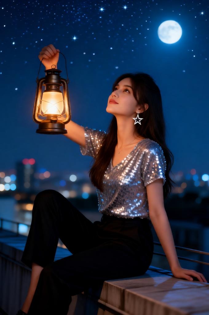 Woman on rooftop at night holding lantern with blurred city lights.