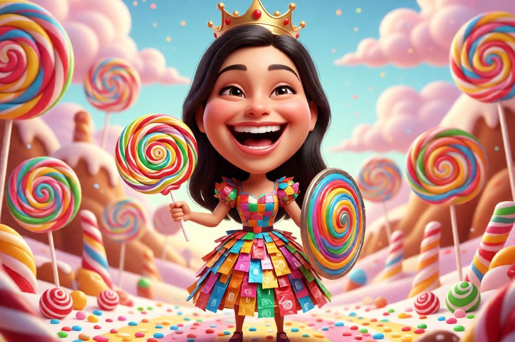 Female queen in a candy-themed outfit holding a lollipop shield.