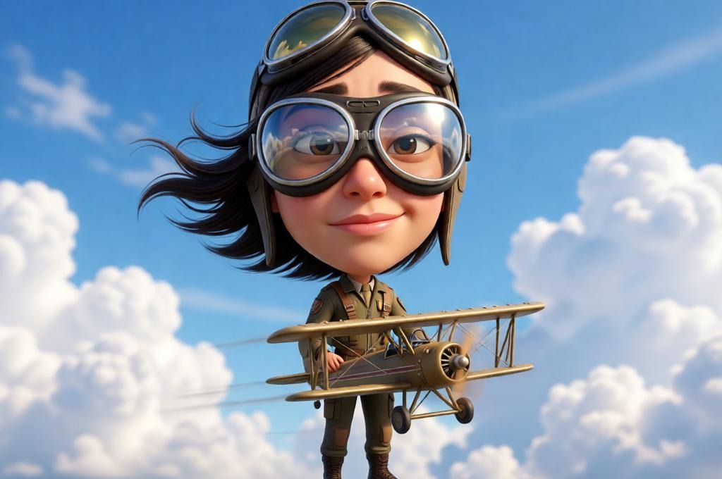 Female pilot with goggles flying a tiny plane in the sky.