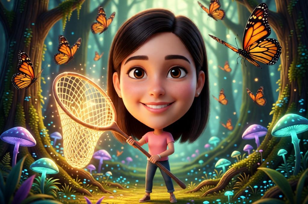 Female butterfly catcher in a magical forest scene.