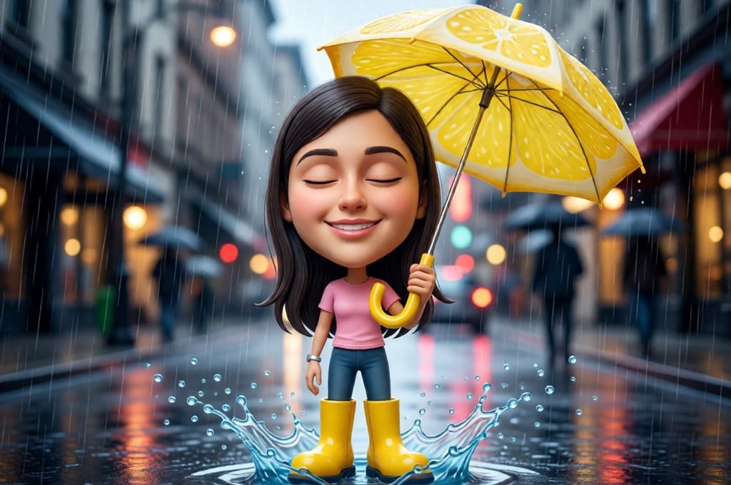 Female dreamer holding an umbrella in a rainy city.