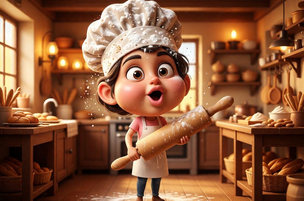 Female baker with a giant cupcake in a cozy kitchen.