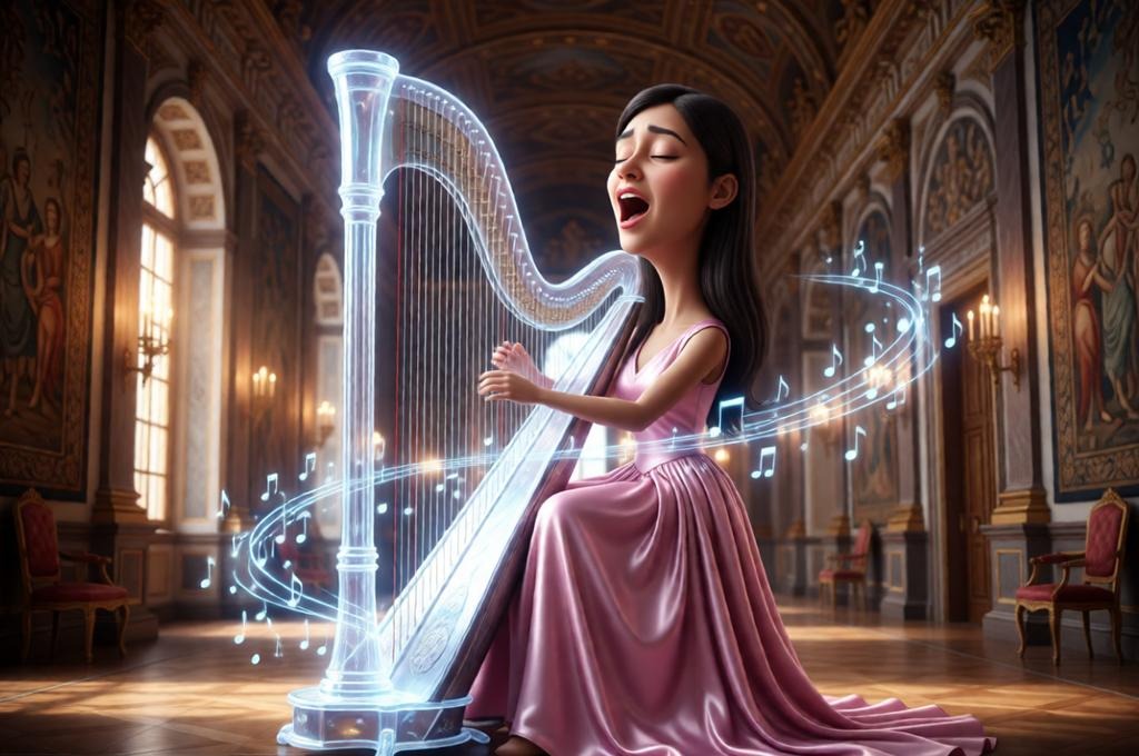 Female musician playing a glowing harp in a palace.