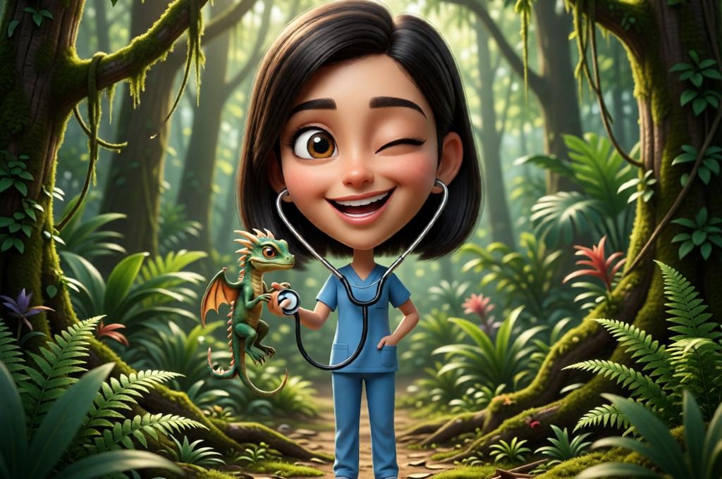 Female vet holding small dragon in jungle setting.