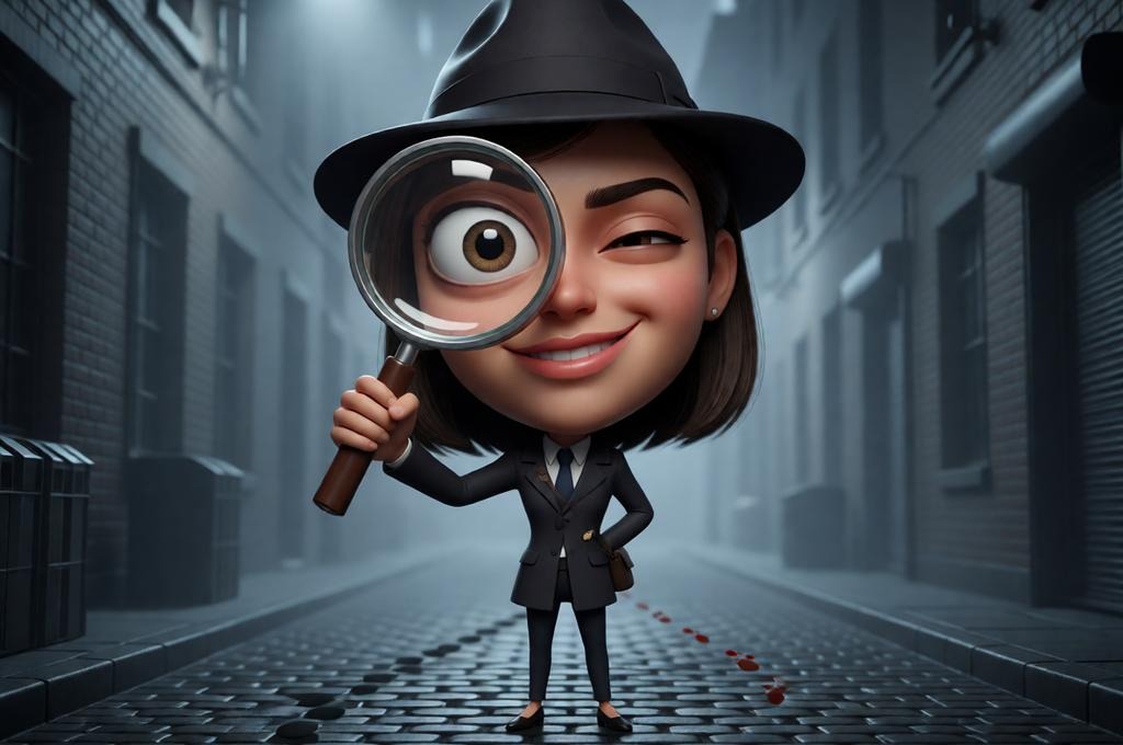 Female detective with a magnifying glass in a foggy alley.