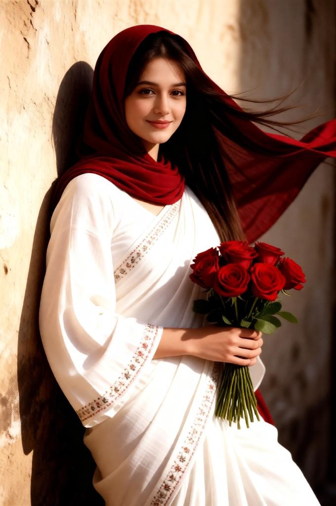 Woman in a white saree and red hijab holding roses against a vintage wall.
