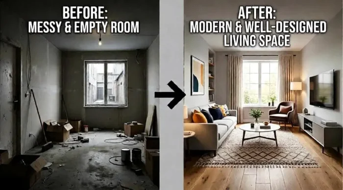 AI interior design before and after, showing a messy, empty room on the left and a modern, well-designed room on the right.