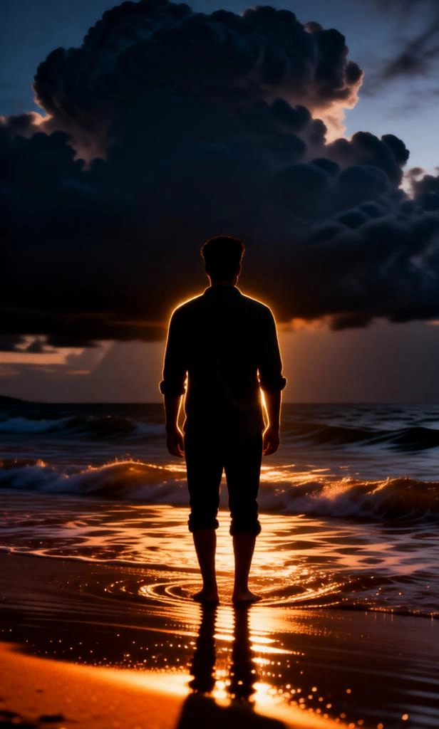 Moody night beach silhouette portrait with dramatic sky