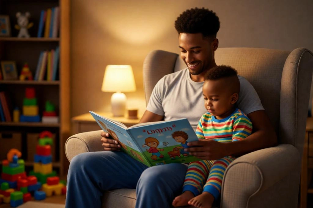 Cozy bedtime story moment between father and young son in the bedroom.
