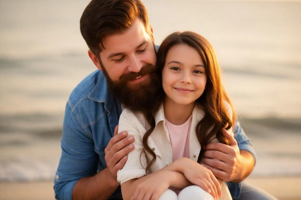 Cinematic close-up of father embracing child with emotional bonding.