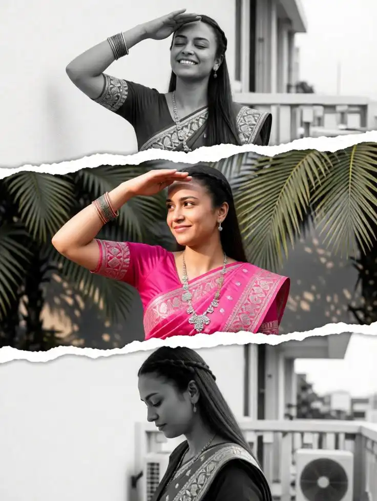 Woman in pink saree, three-panel torn-paper collage.