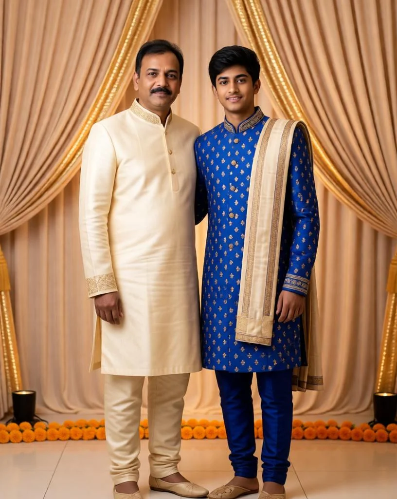 Traditional Indian father and son portrait in elegant ethnic outfits.