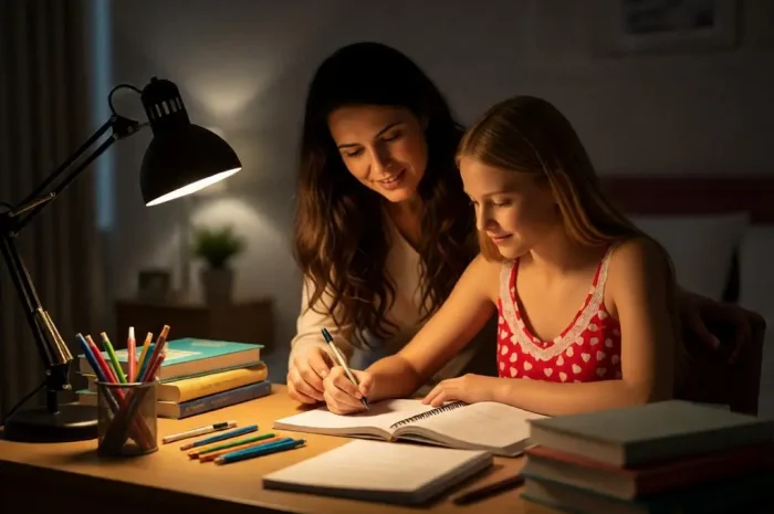 Mother helping her daughter study at a desk with books.