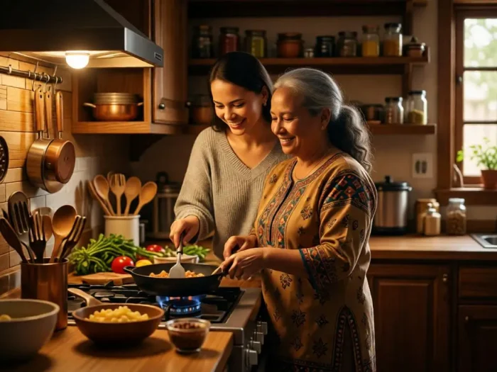 Mom is teaching her daughter to cook in a warm kitchen.