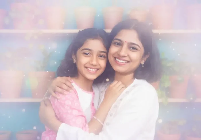 Dreamy, glowing portrait of mother and daughter together.