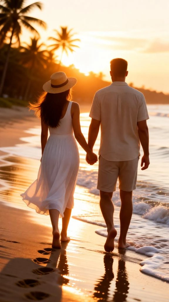 A couple walking on a tropical beach during a golden sunset.