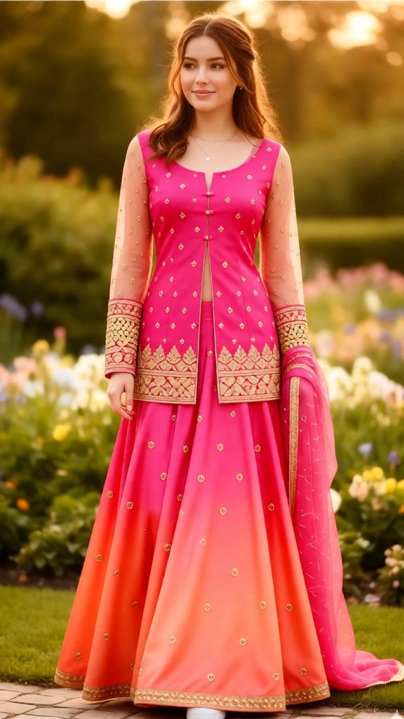Woman in a pink-to-coral ombre lehenga with gold motifs.