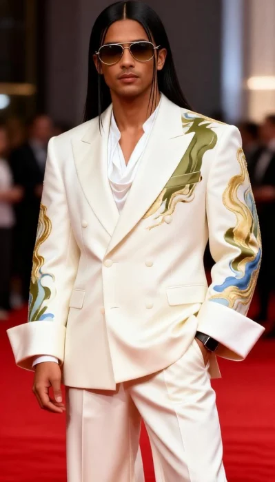 Men wear an oversized ivory couture suit with abstract embroidery.