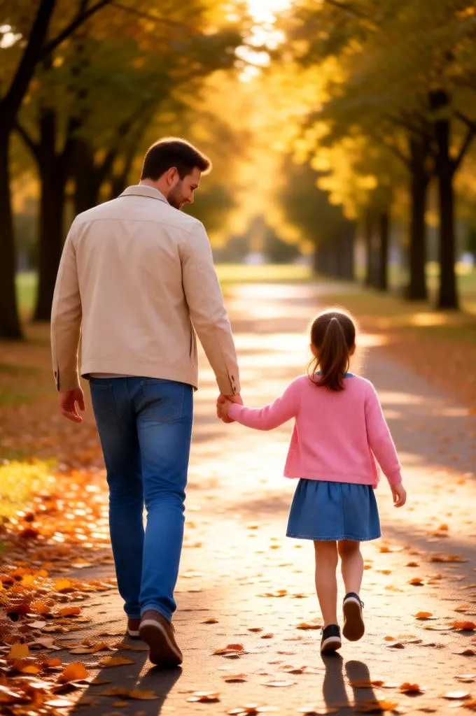 Father and daughter walking together in an autumn park.