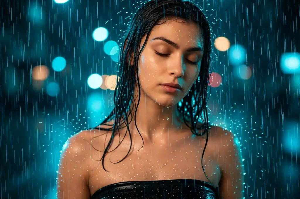 Girl in black tube dress standing in heavy rain with cinematic blue city lights and glossy wet skin.