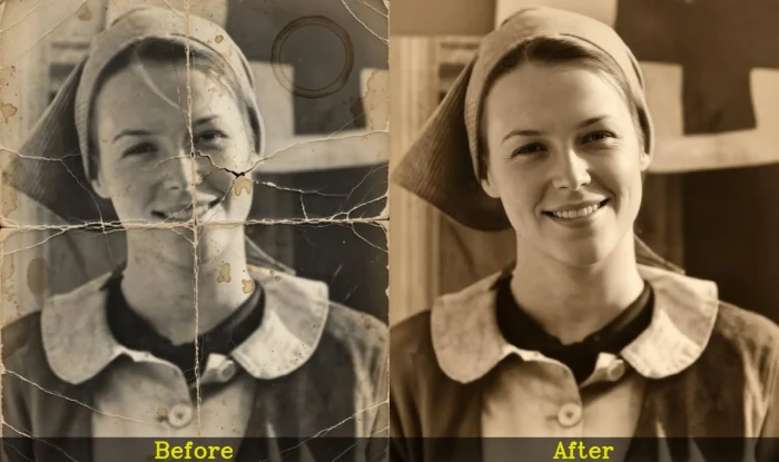 Restored vintage family photo with repaired tears and faded details