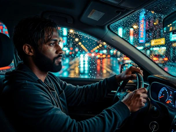 Moody rainy night driving portrait of a man inside a car with neon reflections on the windshield.