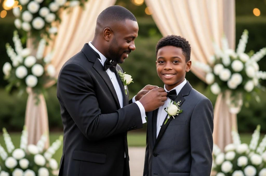 Elegant wedding day father and son portrait in matching formal suits.
