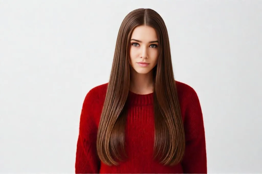 Person with long straight hair, center part, glossy finish