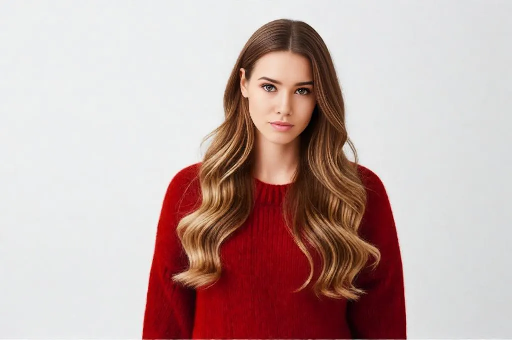 Person with long layered hair, soft flowing waves